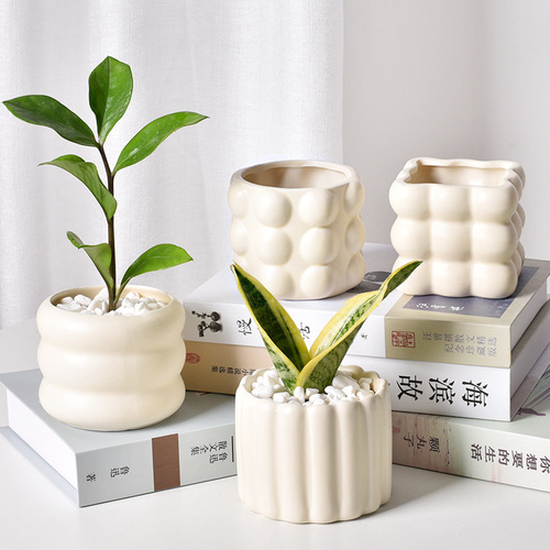 Ceramic Planter with INS Style Creamy Light Luxury High-End Creative Simple Home Decor Desktop Ornament Flower Pot