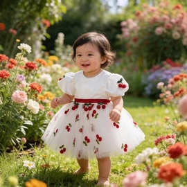 韩系女童樱桃网纱公主裙新款速卖通甜美白色甜美蓬蓬纱花童礼服