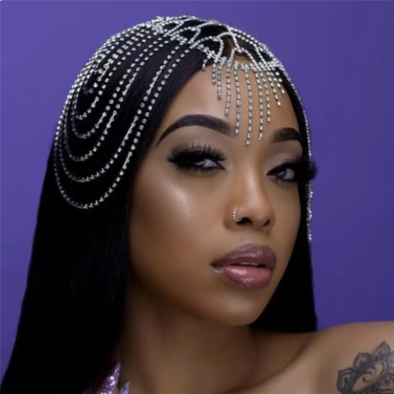 Joyería transfronteriza europea y americana completa diamante largo flujo Su pelo cadena exagerada frente cadena rhinestone pelo banda femenina pelo cadena