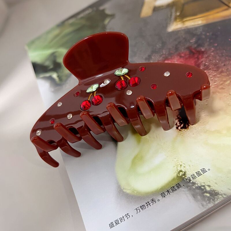 新款醋酸抓夹点钻樱桃发夹焦糖复古甜美发抓后脑勺盘发鲨鱼夹发饰|undefined