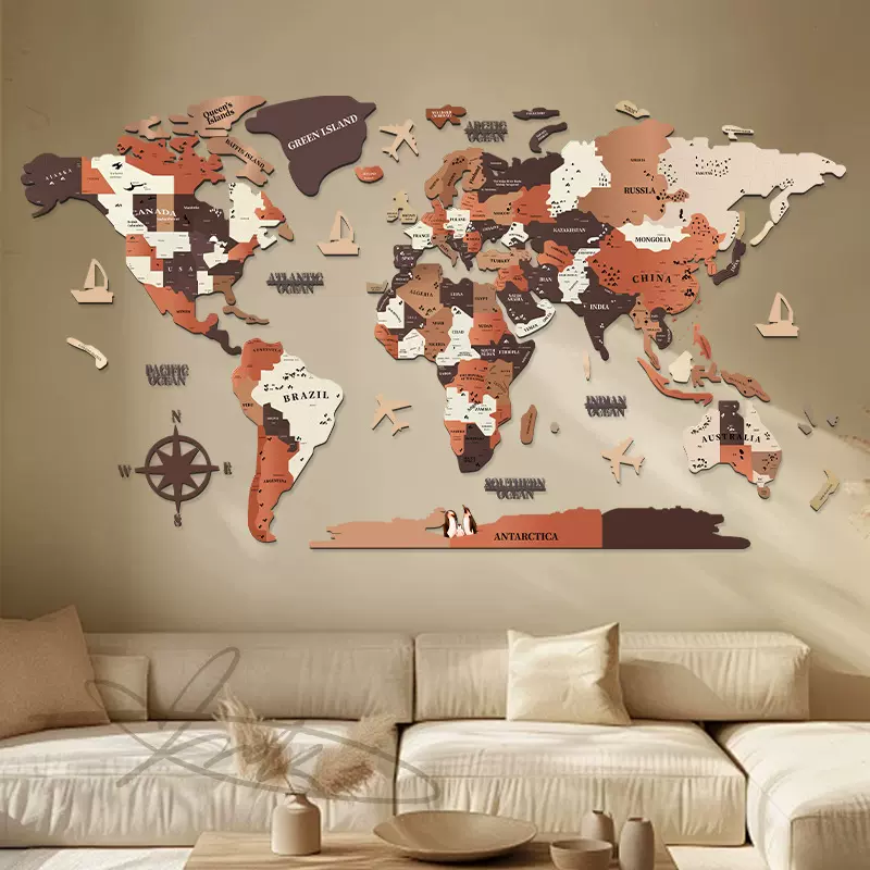 艺钟美源头工厂木色世界地图北欧3d立体墙面装饰客厅沙发背景墙画