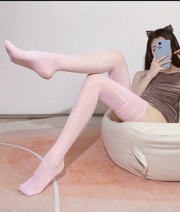 Chaussettes hautes antidérapantes en silicone en dentelle, chaussettes de cuisse grasses, bas sexy soyeux réfléchissants, chaussettes de cuisse d'huile de cheval_voghion.com