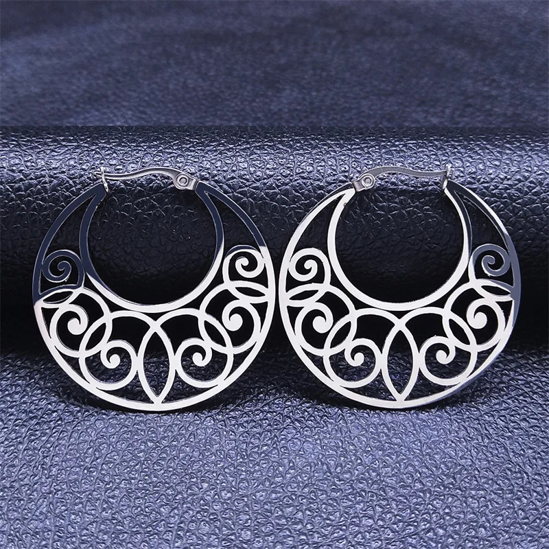 Bohemian Style Hollow Carved For Women, Elegant Stainless Steel Geometric Ear Clips, Exaggerated Irregular Earrings_voghion.com