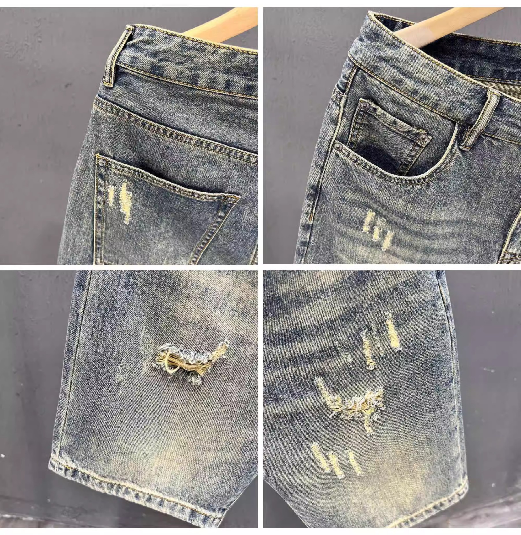 Men's Lightweight Distressed Denim Shorts Trendy High End Printed Patchwork Mid-Length Stretch Five-Point Pants Summer_mkmklike.com