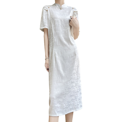 Silk Satin Acetate 2025 Spring Summer New Women's V-Neck Medium Length Slim Fit Hooded Chinese Style Cheongsam