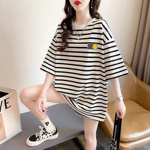 Summer new chubby girl plus size women's striped short-sleeved T-shirt loose mid-length half-sleeve top T-shirt