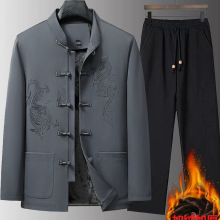 唐装男中老年秋冬季长袖套装新款加绒加厚夹克外套中老年人棉服