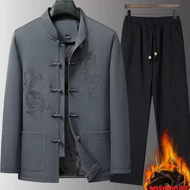 唐装男中老年秋冬季长袖套装新款加绒加厚夹克外套中老年人棉服