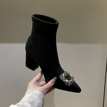 法式小码3233短靴女秋冬水钻方扣弹力瘦瘦靴轻奢气质尖头及踝靴子