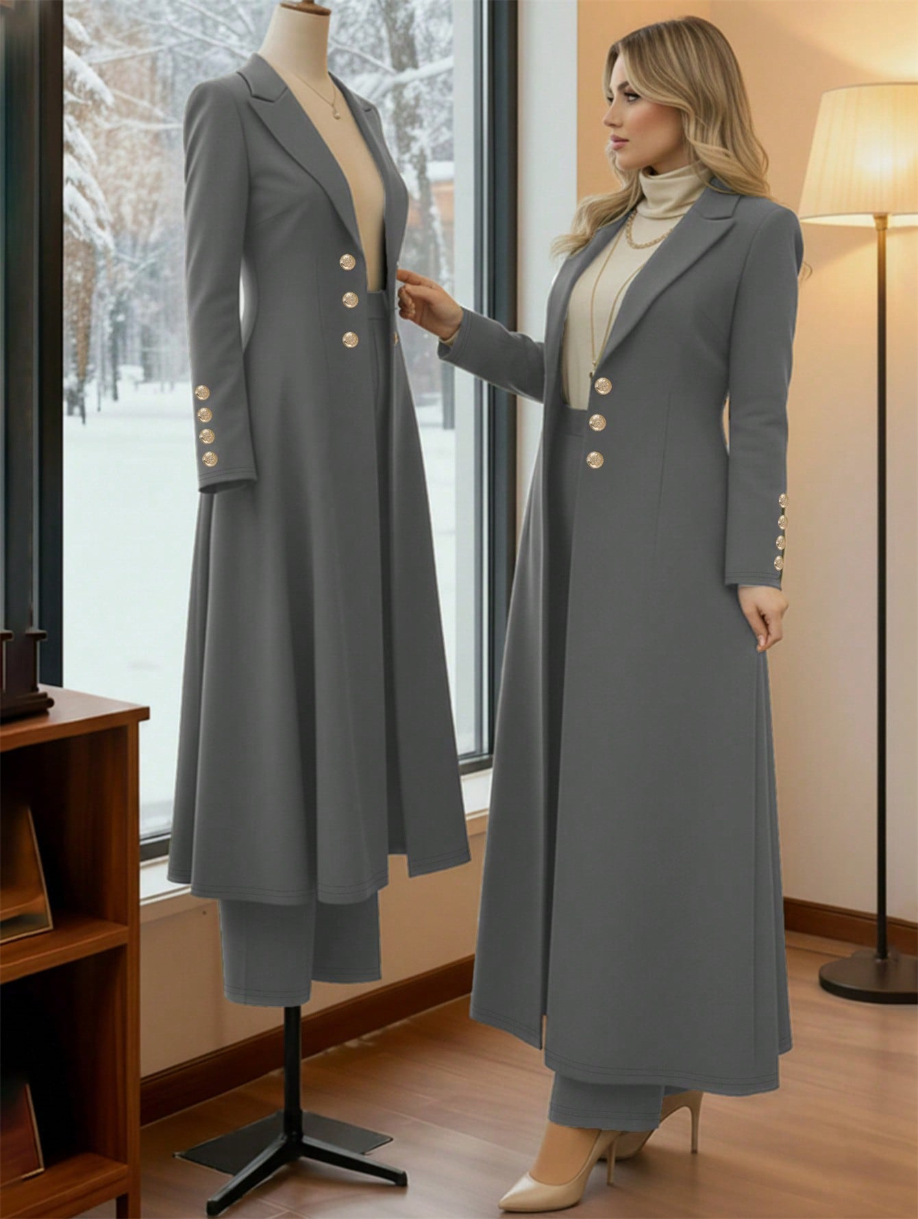 Plus Size Elegant Retro Style Suit Coat Casual Straight Leg Trousers Waist Cinching Long Coat Set_ecoleips.com
