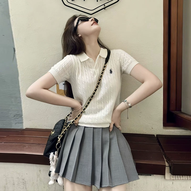 Zhiyun Одежда Корейский стиль с вышивкой пони и воротником-поло, вязаная футболка с короткими рукавами для женщин, новая летняя универсальная футболка для похудения.