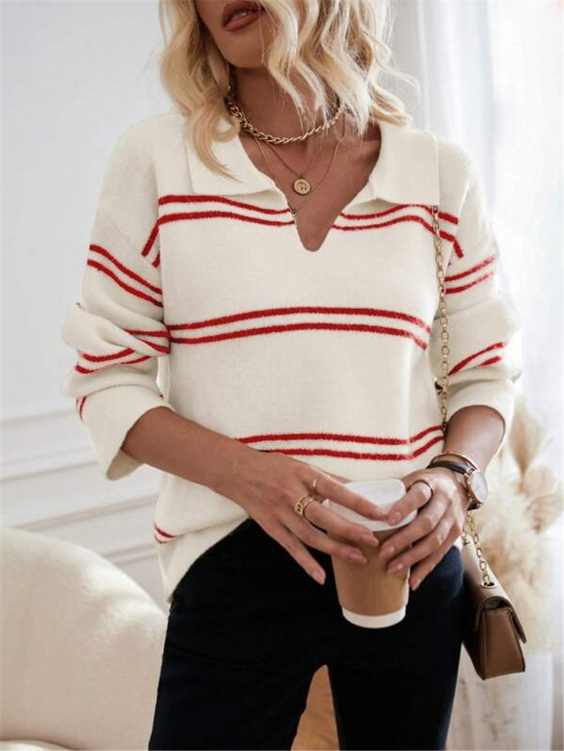 Women's Striped Polo Sweater – V-Neck, Contrast Trim, Long Sleeve (White/Black/Apricot/Red, S-L)_ecoleips.com