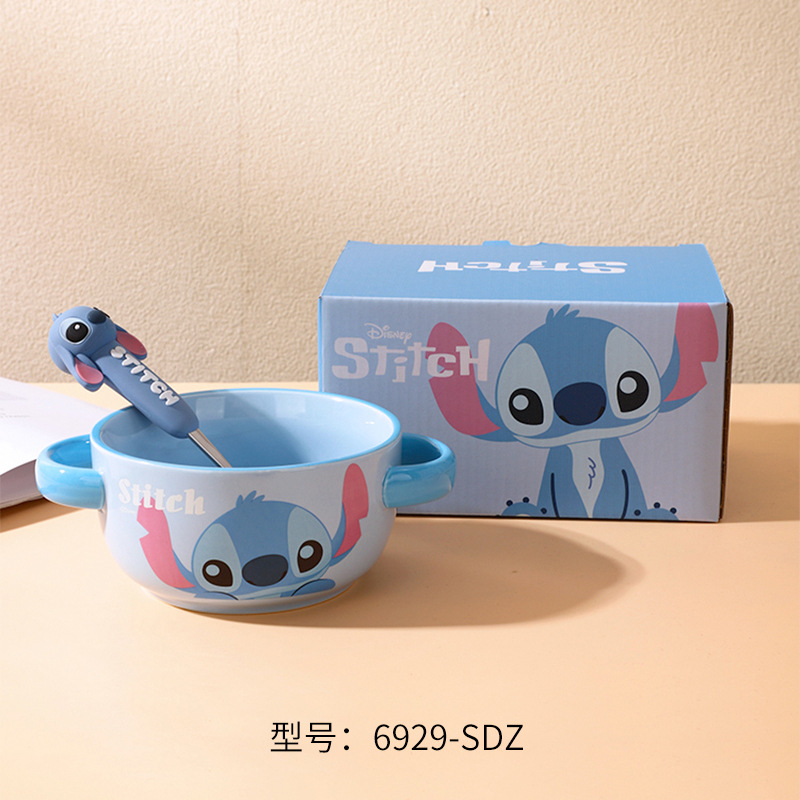 Stitch juego de vajilla de cerámica tazón de mango de dibujos animados ensaladera de cerámica tazón de arroz lindo vajilla personalizada caja de regalo