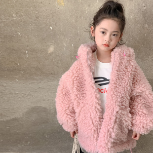 Girl's Ear Hooded Fur Coat 2023 Winter Children's fleece-lined Thickened Lamb Wool Mid-length Fur Coat