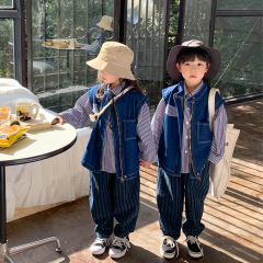 Children's denim vest 2024 spring new Korean style unisex denim vest with pockets, color-matched vest trendy style