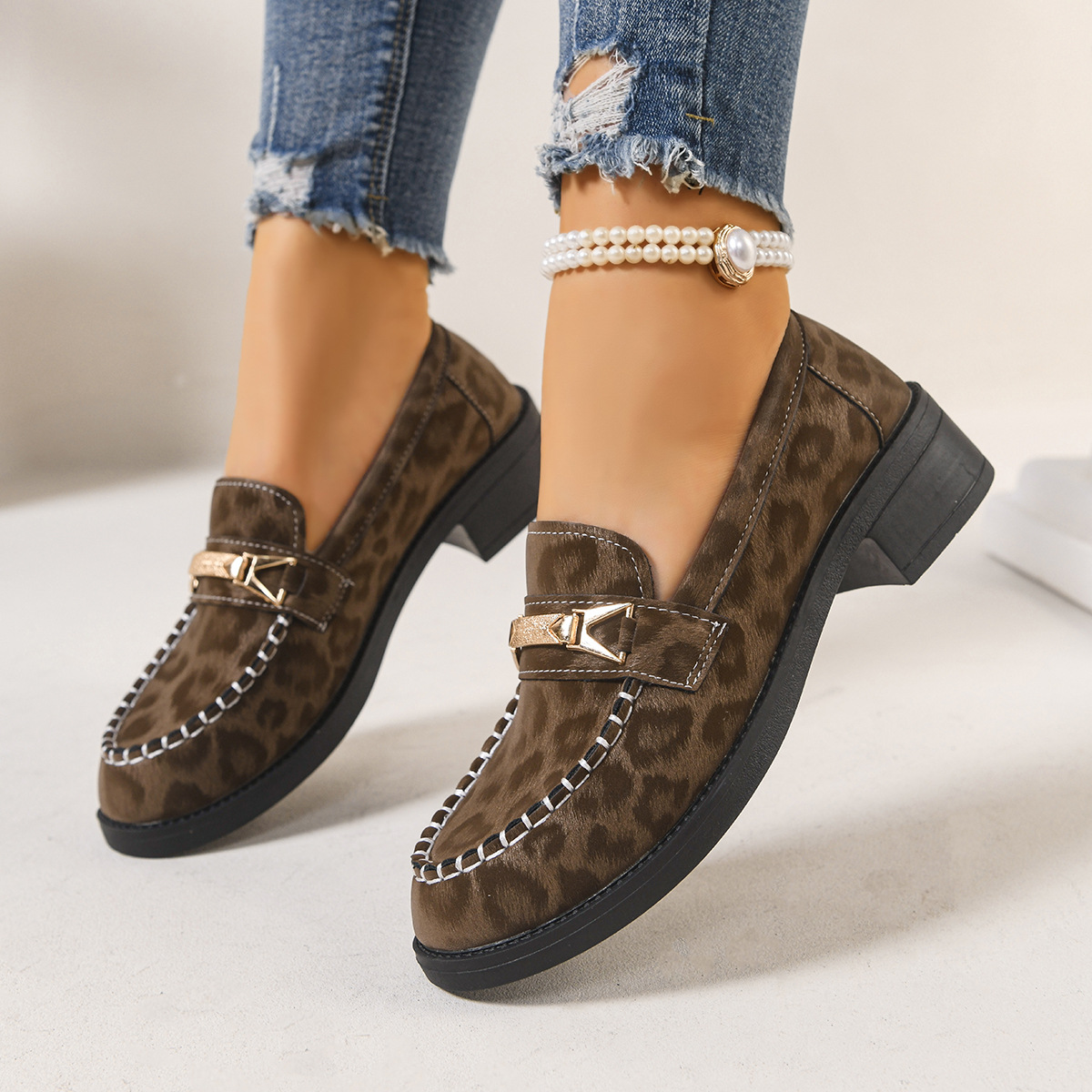 Retro loafers voor dames met metalen ketting en luipaardprint, plus size, lage schoenen, lente nieuw_voghion.com