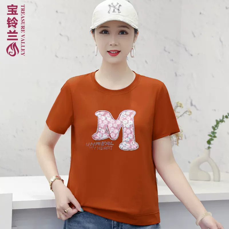 中老年女装夏季棉t恤大码妈妈装夏装短袖T恤打底衫新款上衣彩印花