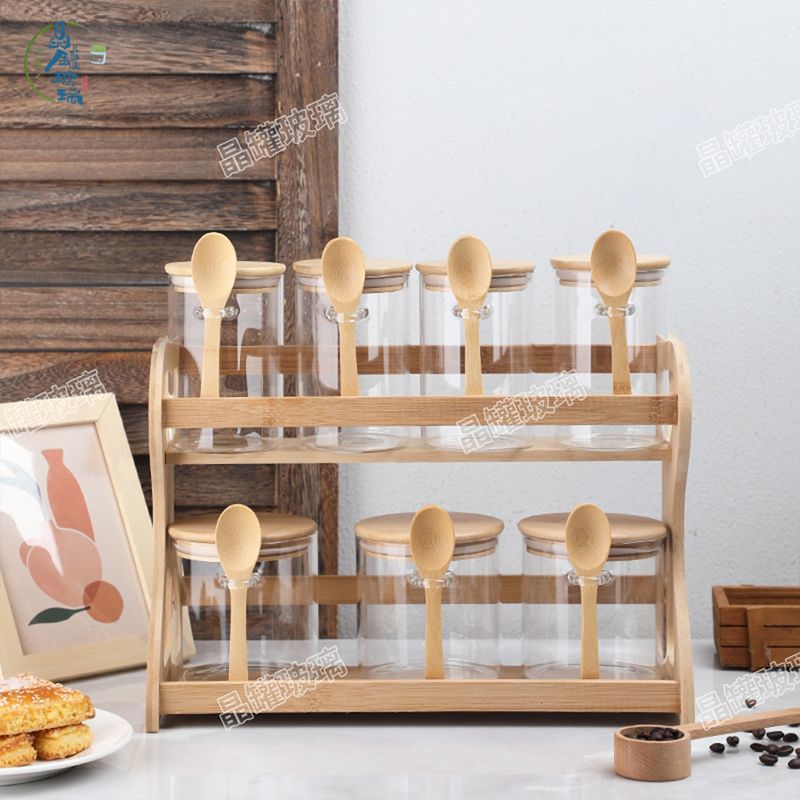 Latas de especias domésticas de cocina con cuchara con marco de madera Botella de condimentos de vidrio conjunto de combinación de latas de condimentos de té