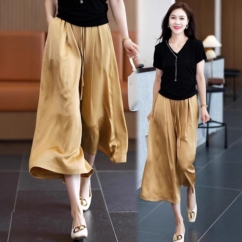 Ice Silk Wide-Leg Pants for Women, 2025 Summer Thin High-Waisted Drapey Elegant Versatile Slimming Satin Pants Casual Skirt Pants