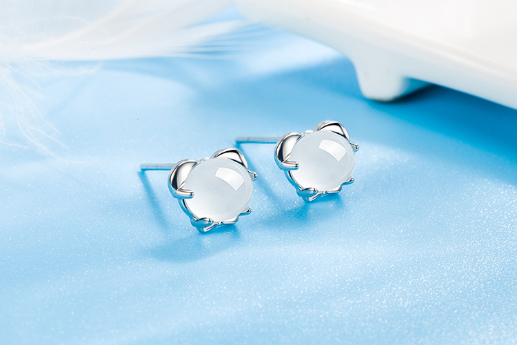 Fashion Cat Copper Ear Studs Inlay Natural Stone Copper Earrings 1 Pair