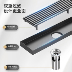 Gun Gray Long Strip Drain 304 Stainless Steel Bathroom Toilet High Flow Pest and Odor Proof Side Discharge Solid Bamboo Slats