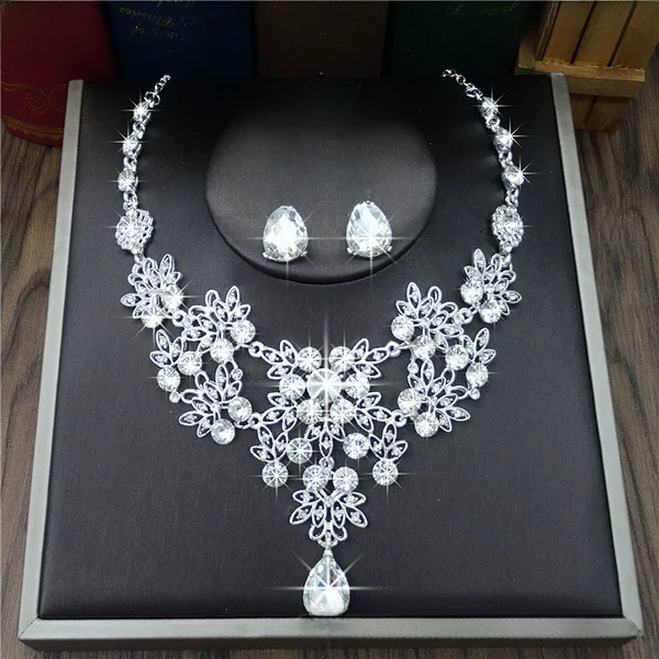 Bridal jewelry rhinestone bridal wedding necklace earrings wedding accessories necklace wedding chain leaf drop hot sale