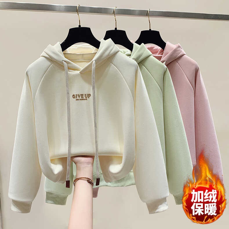 Hooded Short Sweatshirt for Women 2025 Winter Fleece-Lined Thickeneded Loose American Style Popular Embroidered Small Top Jacket