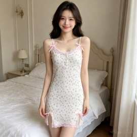 小清新性感纯欲风大码吊带开衩碎花睡裙甜美诱惑简约爆款露背服女