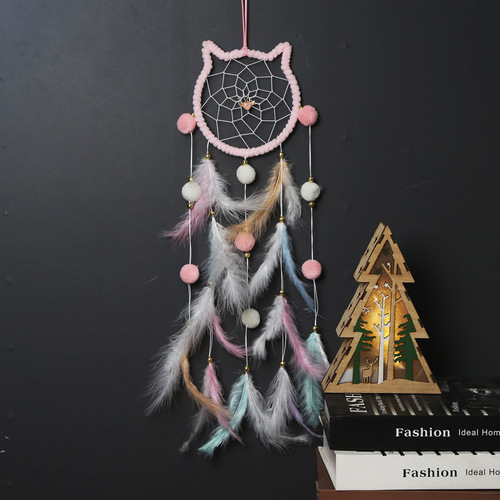 Factory direct sales fresh girl's room fur ball cat head dream catcher decorative pendant B&B decorative pendant wall decoration