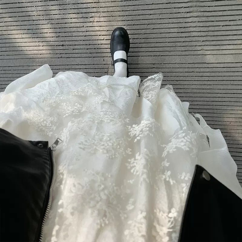 白色半身裙重工不规则蕾丝花边蛋糕裙秋季女大码设计感a字超长裙