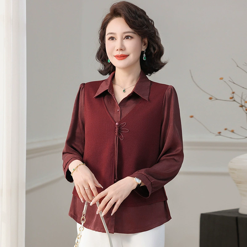 Мода с длинными рукавами поддельные две рубашки женская весна 2025 новая мама сращивание темперамента