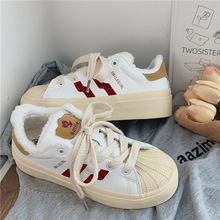 2022冬季贝壳头加绒帆布鞋女韩版休闲港风平地小白鞋港风保暖女鞋