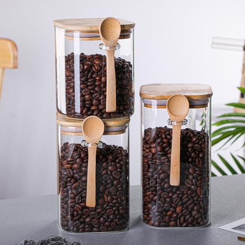 Cross-border supply of high borosilicate square sealed jars, transparent glass storage jars, coffee bean storage jars with spoons