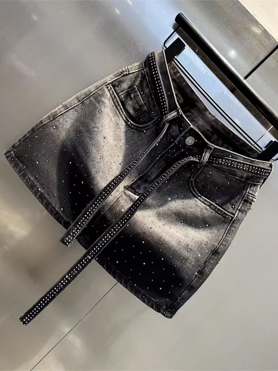 Retro Farbverlauf Denim Midi Rock Mit Strass Hochtailliert Slim_voghion.com