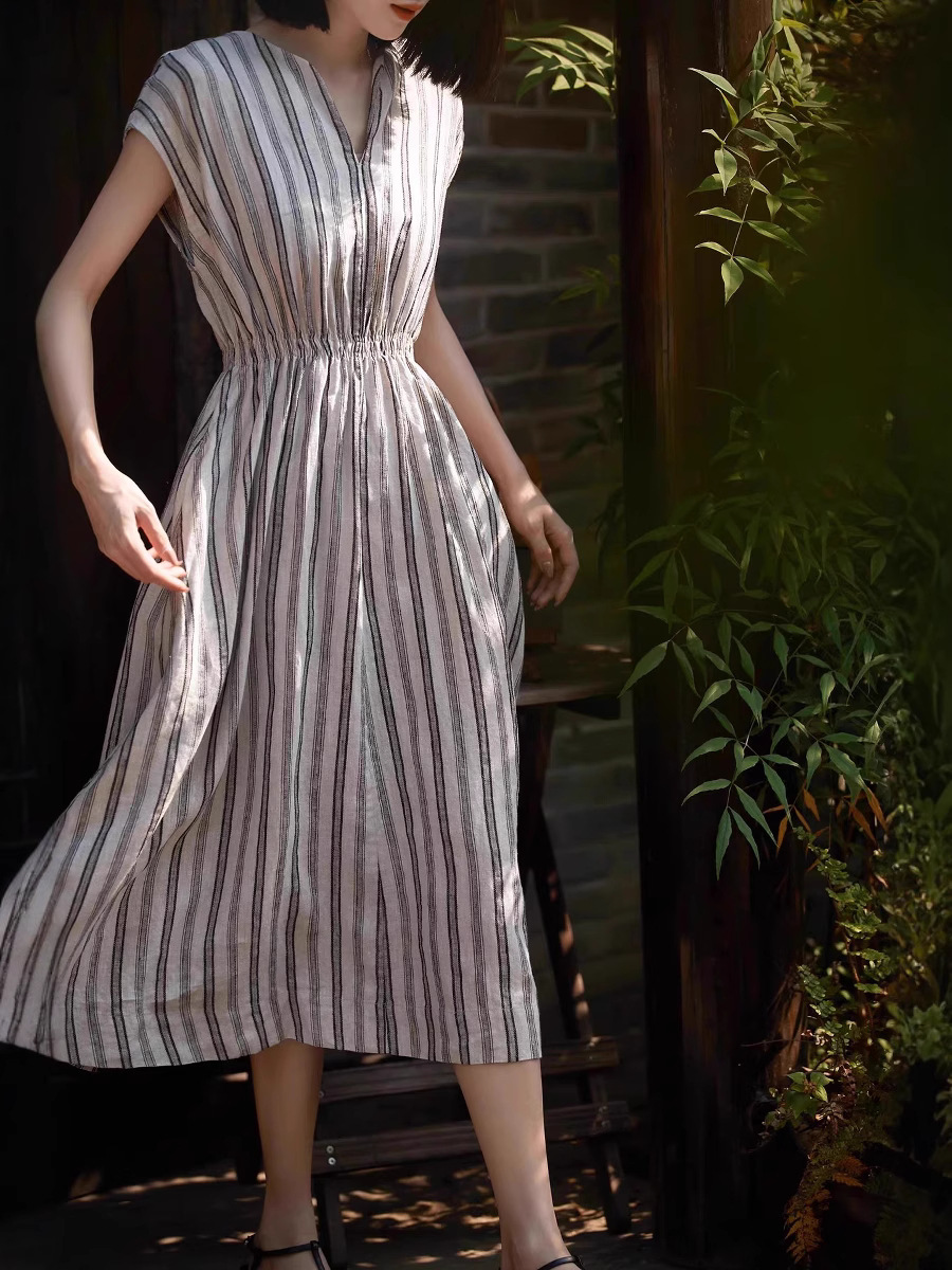 Đầm maxi nữ sọc xám linen V cổ đi làm — sọc