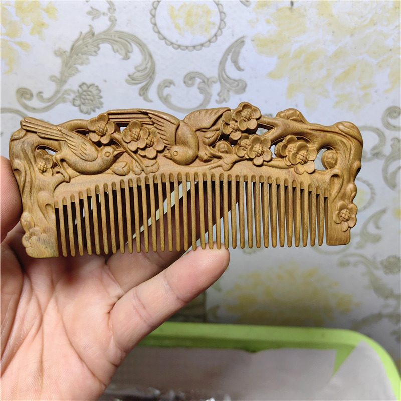 13-14センチ緑檀木櫛両面彫刻喜上眉先太陽花プレゼント美容櫛精品彫刻櫛|undefined