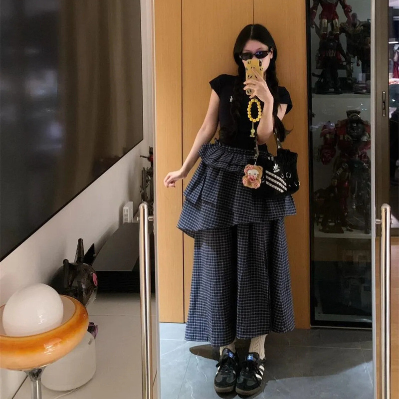 Korean Style Fashionable Fake Two-Piece Irregular Multi-Layered Skirt Slit Dress for Female Students Summer Waist Slimming Long Skirt