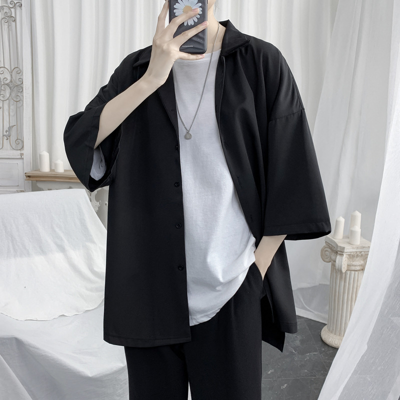 Short-Sleeved Shirt Men's Summer Ice Silk Three-Quarter Sleeve Shirt Hong Kong Style Handsome Loose Top Simple Casual Inch Shirt
