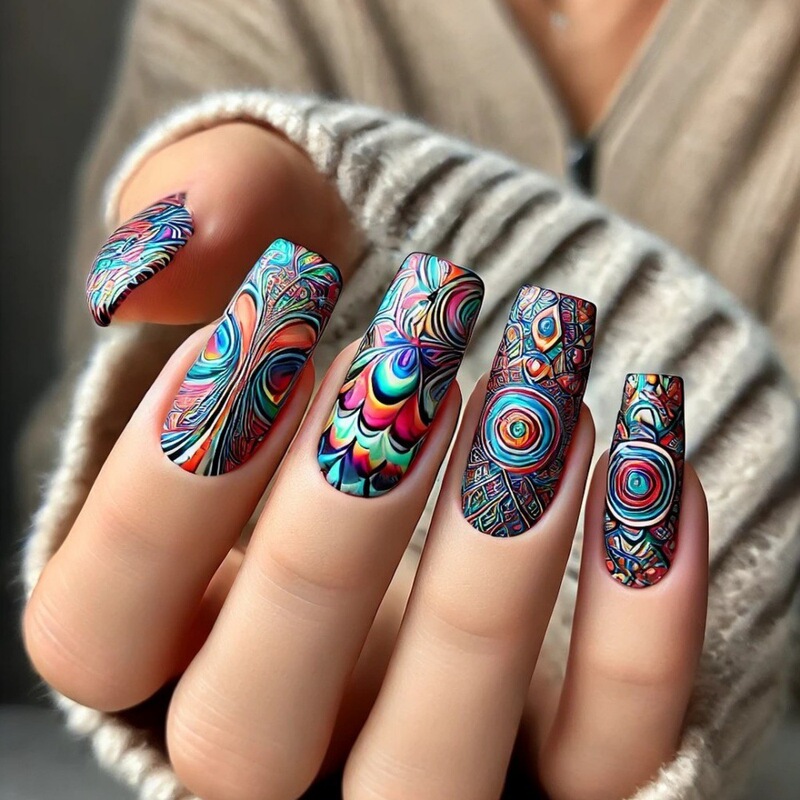 Psychedelic Color Art European and American Wearable Nail Pieces Peacock Open Screen Color Stitching False Nail Patch Nail Art TA60