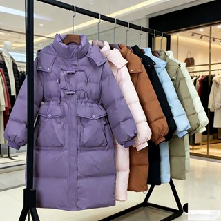 实体店清货羽绒服紫色中长款宽松牛角扣加厚显瘦白鸭绒外套女直筒