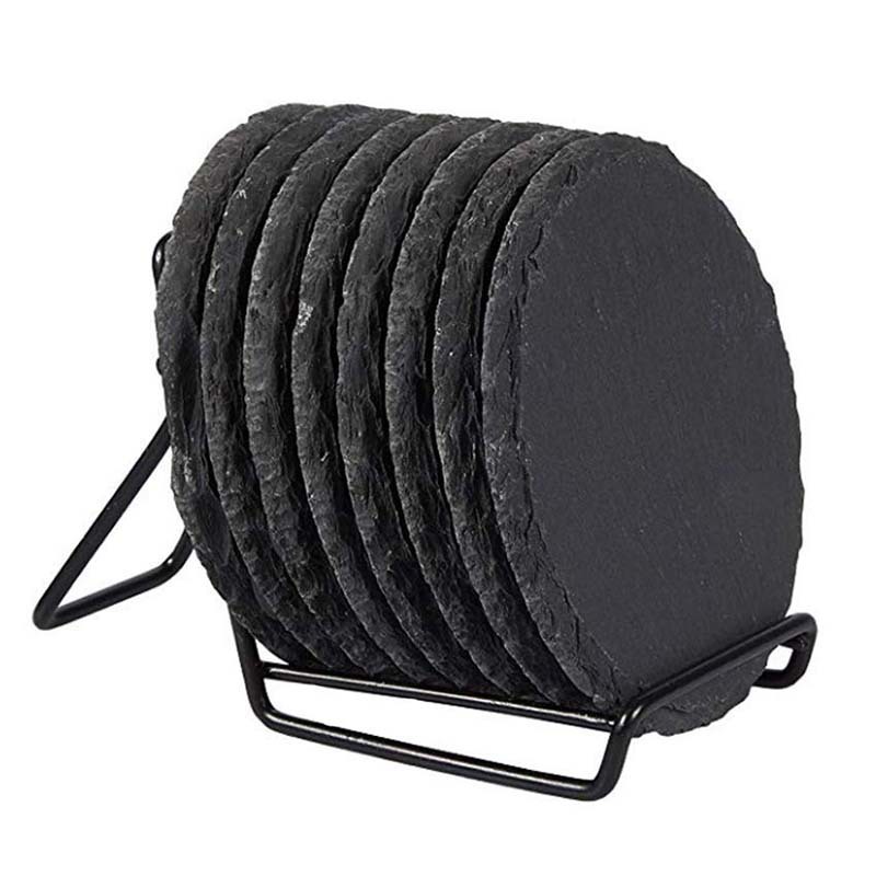 Estilo Europeo negro de piedra redonda Coaster Coffee Shop posavasos de pizarra posavasos de té posavasos de pizarra posavasos de esquisto al por mayor