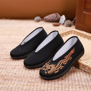Stage Performance Boys' Cloth Shoes Chinese Style Old Beijing Embroidered Dragon Soft Bottom Practice Ancient Costume Hanfu Performance Black Cloth Shoes