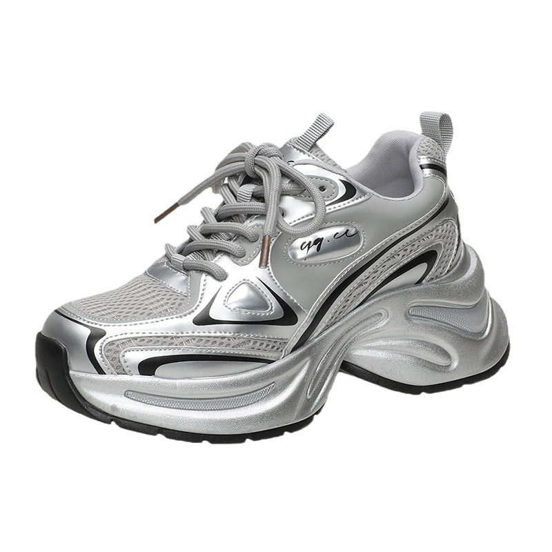 Bailu mismo estilo zapatos de papá de suela gruesa mujer 2024 nueva malla de primavera transpirable plata retro realce zapatos deportivos casuales