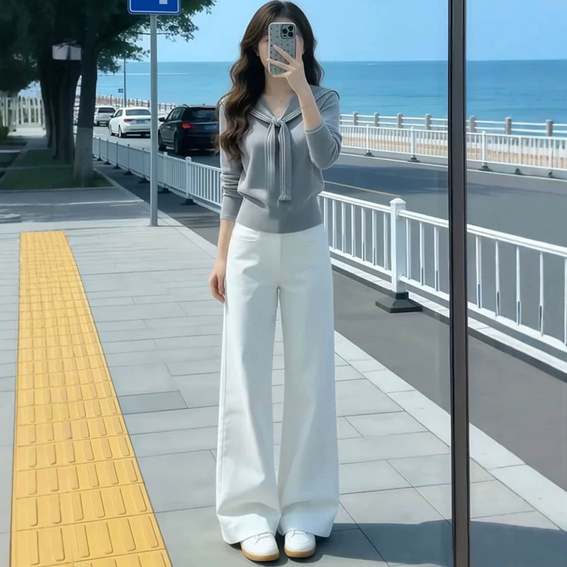 Chunqiu beautiful women's set 2026 new high-end gray knit sweater casual straight-leg jeans women's two-piece outfit Chunqiu beautiful women's set 2026 new high-end gray knit sweater casual straight-leg jeans women's two-piece outfit