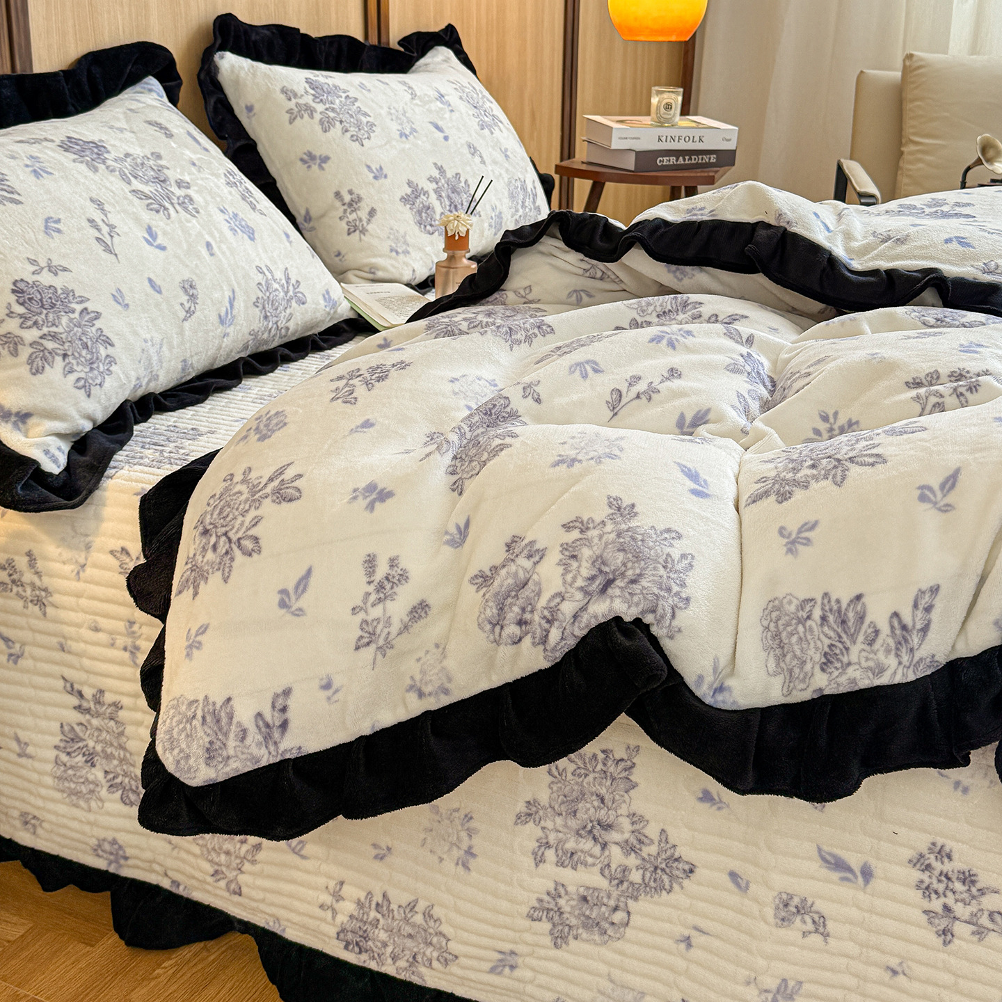 Nordisch-französischer Vintage-Boho-Bettbezug im französischen Stil aus Milchsamt mit Spitze, Einzelstück 150 x 200 cm, Herbst- und Winter-Bettbezug aus weichem Korallenfleece_voghion.com
