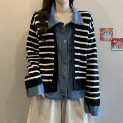假两件牛仔拼接外套女秋冬港风复古chic宽松休闲夹克上衣女A6832