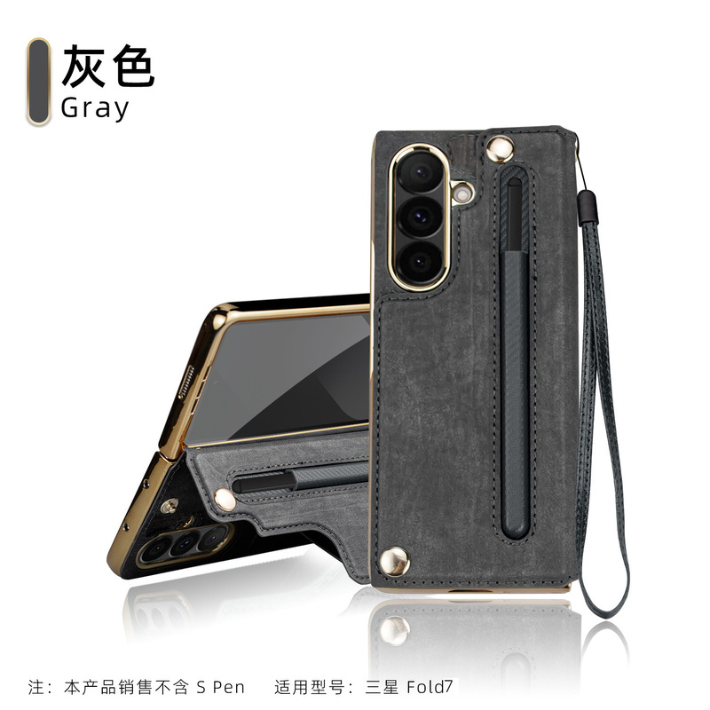 工場卸売サムスンfold7電気メッキスタンド携帯電話ケース、カード挿入、ハンドロープシェルフィルム一体型レザーケースに適しています|undefined