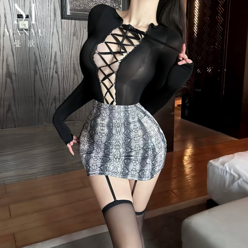 Man Yu Sexy Silky Smooth Shiny Cross-Tie Lace-Up Hot Leopard Print Bodycon Skirt Ol Secretary Uniform for Women W63