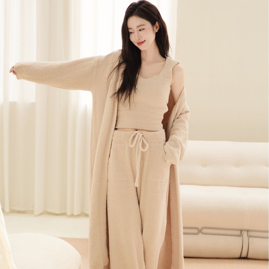 半边绒睡衣女美拉德秋冬季珊瑚绒三件套家居服套装长款睡袍可外穿