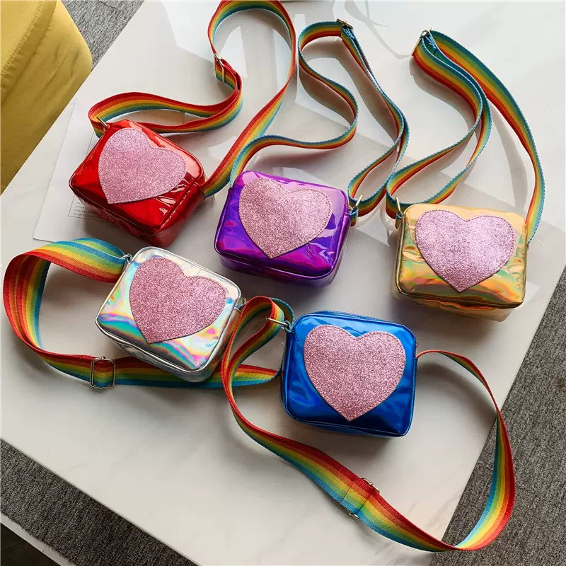 2025儿童镭射单肩包时尚亮片爱心女童斜挎包潮流公主配饰小包包